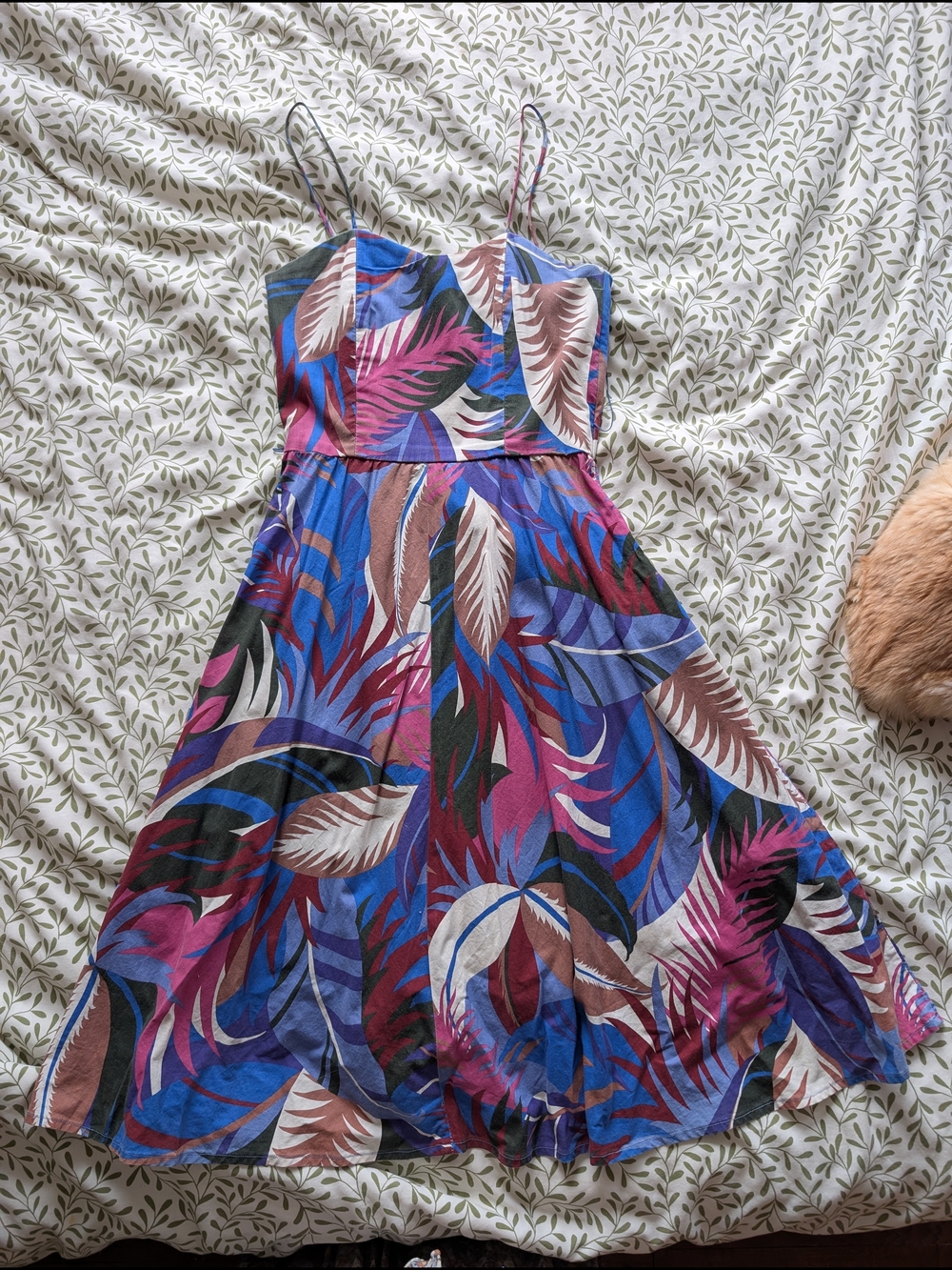 Vintage Tropical Leaf Print Spaghetti Strap Sundress - Blue & Pink